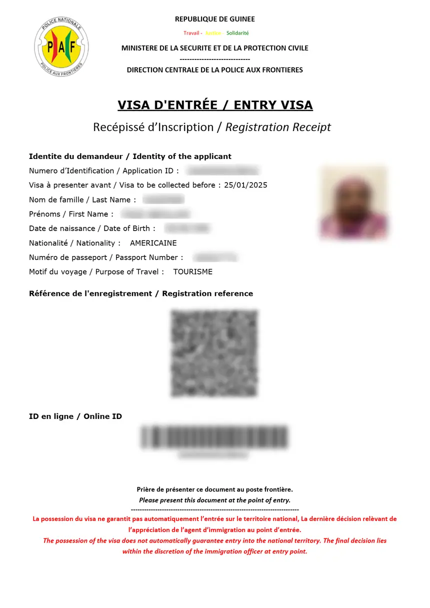 Sample Guinea eVisa registration receipt